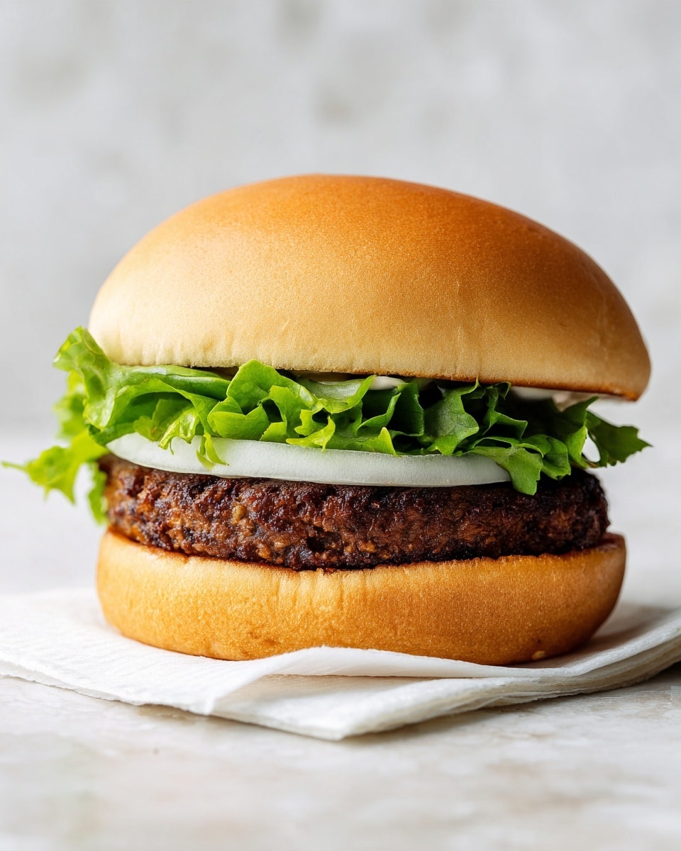 A large hamburger with four clear layers is shown on a white marbled surface with a white napkin underneath. The bottom layer is a soft, light brown bun, followed by bright green leafy lettuce and two thick, fresh red tomato slices. Above this is a thick, juicy, dark brown cooked beef patty with a slightly shiny surface. Near the top, a layer of thin, pale white onion slices is visible under the soft, light brown top bun that has a smooth texture with slight folds. The image is well-lit and close up, making the burger look fresh and large. photo taken with an iphone --ar 4:5 --v 7