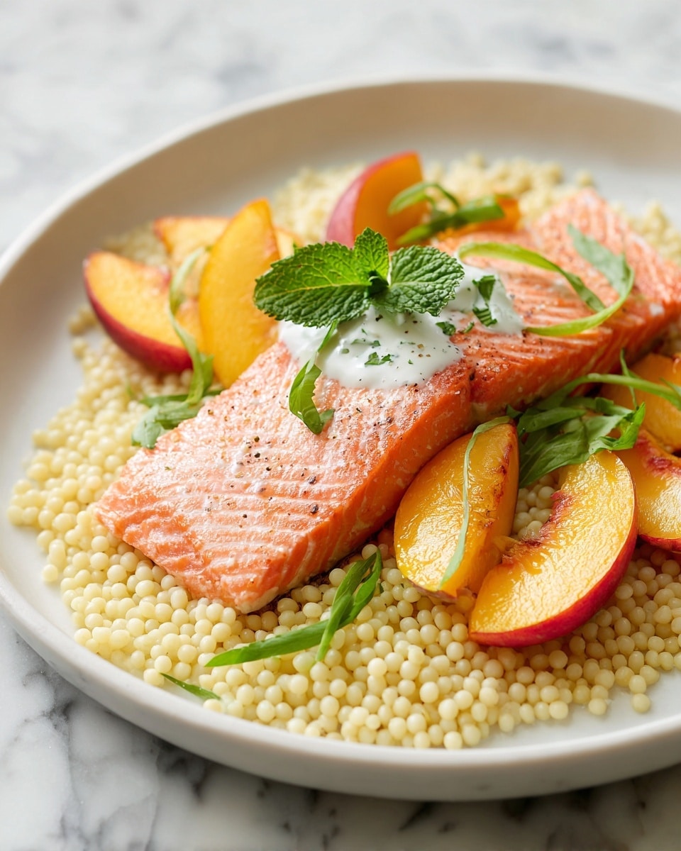 A close-up of a white plate holds four main layers: the bottom layer is light yellow couscous with a grainy soft texture, on top sits a thick piece of cooked salmon with a pinkish-orange color and a slightly crispy surface with black pepper specks; bright orange grilled peach slices with a caramelized look are arranged around the salmon; fresh green basil leaves shredded finely are scattered over the top, adding a vibrant contrast. Photo taken with an iphone --ar 4:5 --v 7