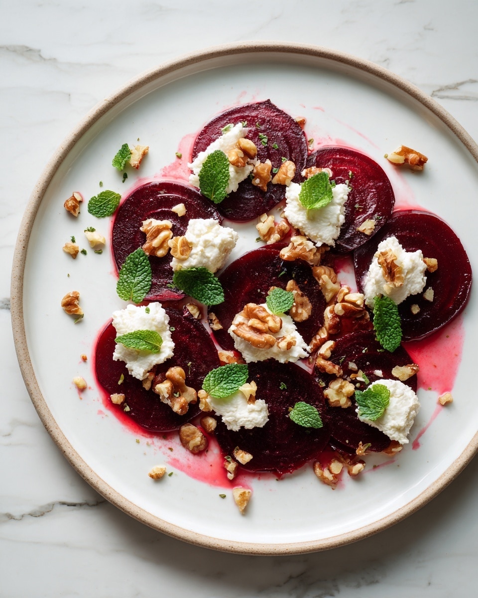 A white plate holds a dish with thick slices of deep red beetroot arranged in a loose pile, covered lightly with a reddish juice. Over the beetroot, there are small white soft cheese dollops scattered evenly, along with rough pieces of light brown walnuts. Bright green mint leaves are spread around, adding a touch of color, and there are small strands of orange zest sprinkled on top. The plate sits on a white marbled surface. Photo taken with an iphone --ar 4:5 --v 7