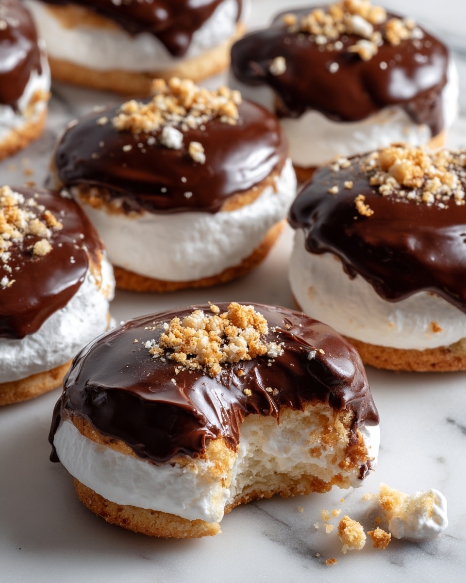 A close-up image of a dessert showing three main layers from bottom to top: the base is a soft, light brown cookie with a crumbly texture; above it, there is a thick, white fluffy layer of marshmallow; the top layer is smooth, dark brown chocolate sauce that is thick and glossy, dripping slightly over the marshmallow and cookie edges. The inside shows melted chocolate chunks within the cookie, adding a rich dark contrast against the lighter cookie and marshmallow. The dessert sits on a white marbled surface. photo taken with an iphone --ar 4:5 --v 7