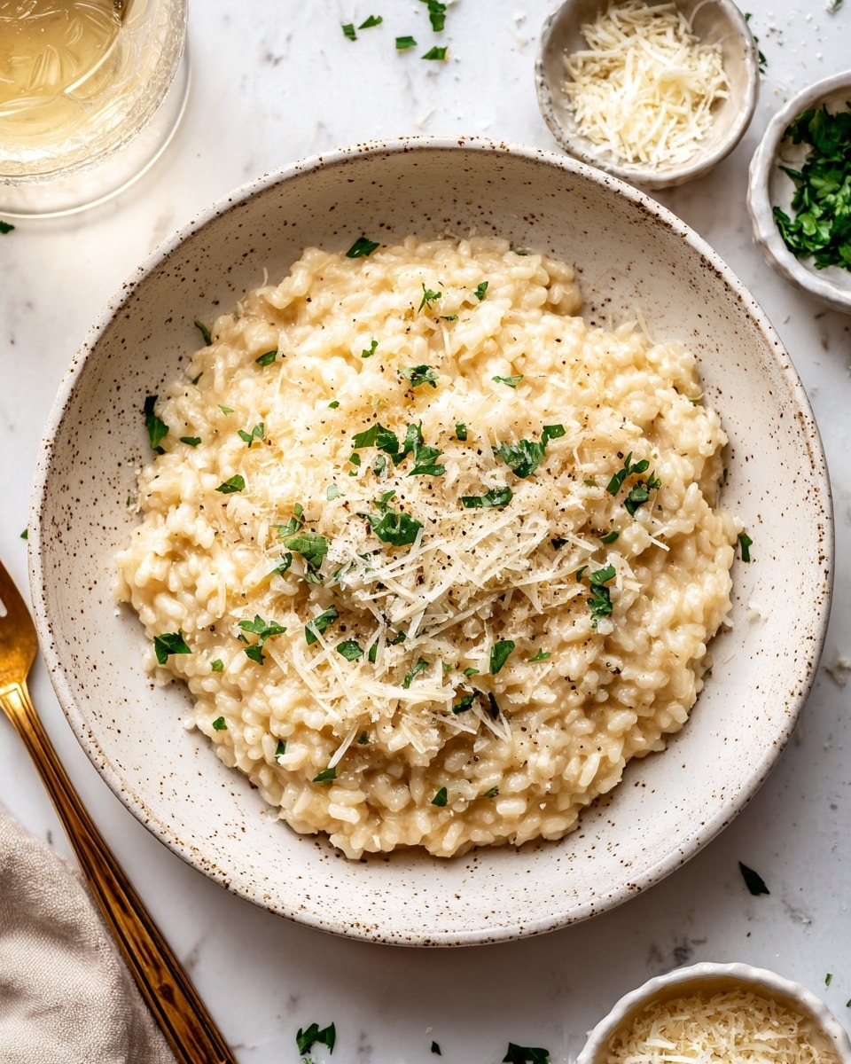 A bowl of creamy risotto fills a white speckled bowl, showing soft, plump grains in a light beige sauce, topped with finely chopped green herbs and a sprinkle of grated cheese. The dish sits on a white marbled surface with small pieces of herbs scattered around. To the left side, a gold fork and the edge of a glass with a pale drink are visible, adding a warm contrast to the cool-toned setting. photo taken with an iphone --ar 4:5 --v 7