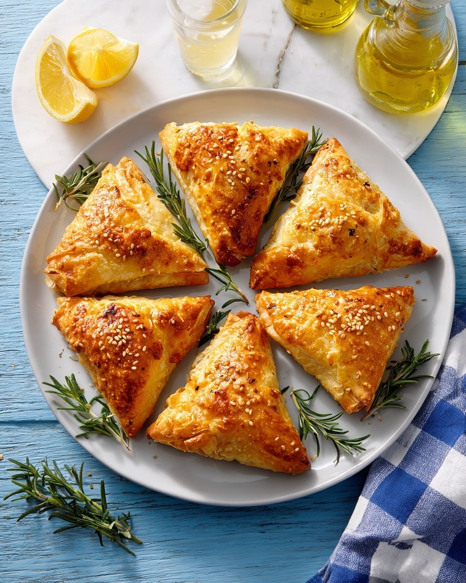 A white plate holds seven golden brown triangular pastries with a crisp, flaky texture. Some pastries have a light sprinkle of sesame seeds on top. Small sprigs of fresh rosemary add a touch of green color around the pastries. The plate is set on a bright blue weathered wooden surface with a white folded cloth with blue stripes nearby. A wedge of lemon is placed in the bottom right corner and two glasses with light yellow drinks stand behind the plate. Photo taken with an iphone --ar 4:5 --v 7