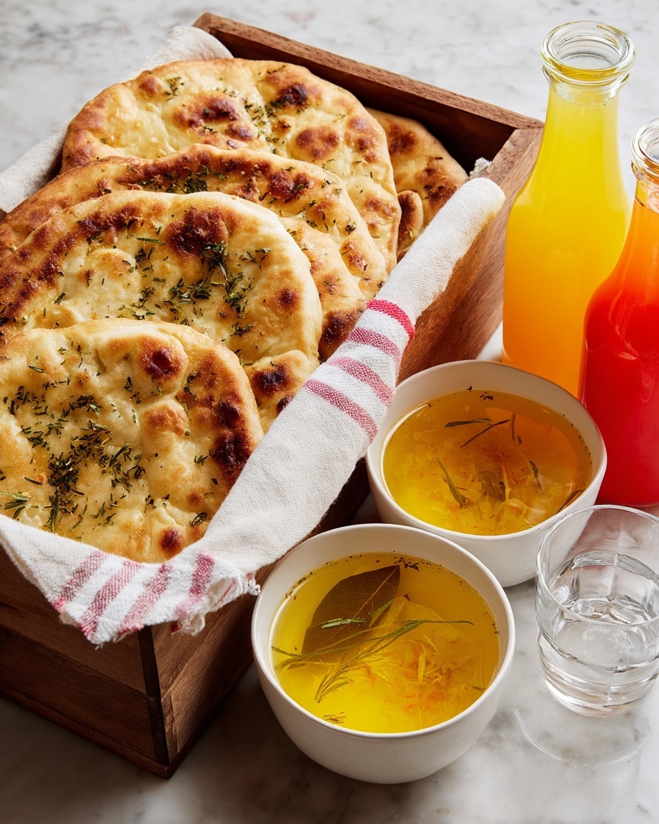 A stack of light golden flatbreads with a slightly crispy texture and sprinkle of herbs on top sits on a white cloth with red stripes, resting on a white marbled surface. The flatbreads have uneven, slightly browned edges and are layered casually, showing their thin and soft insides. Behind the flatbreads, there are two white bowls with sauces, one being a light yellow and the other a cream color with small bits inside. A small folded piece of the flatbread is placed in the foreground. The background is softly blurred, focusing on the warm, inviting tones of the food. photo taken with an iphone --ar 4:5 --v 7