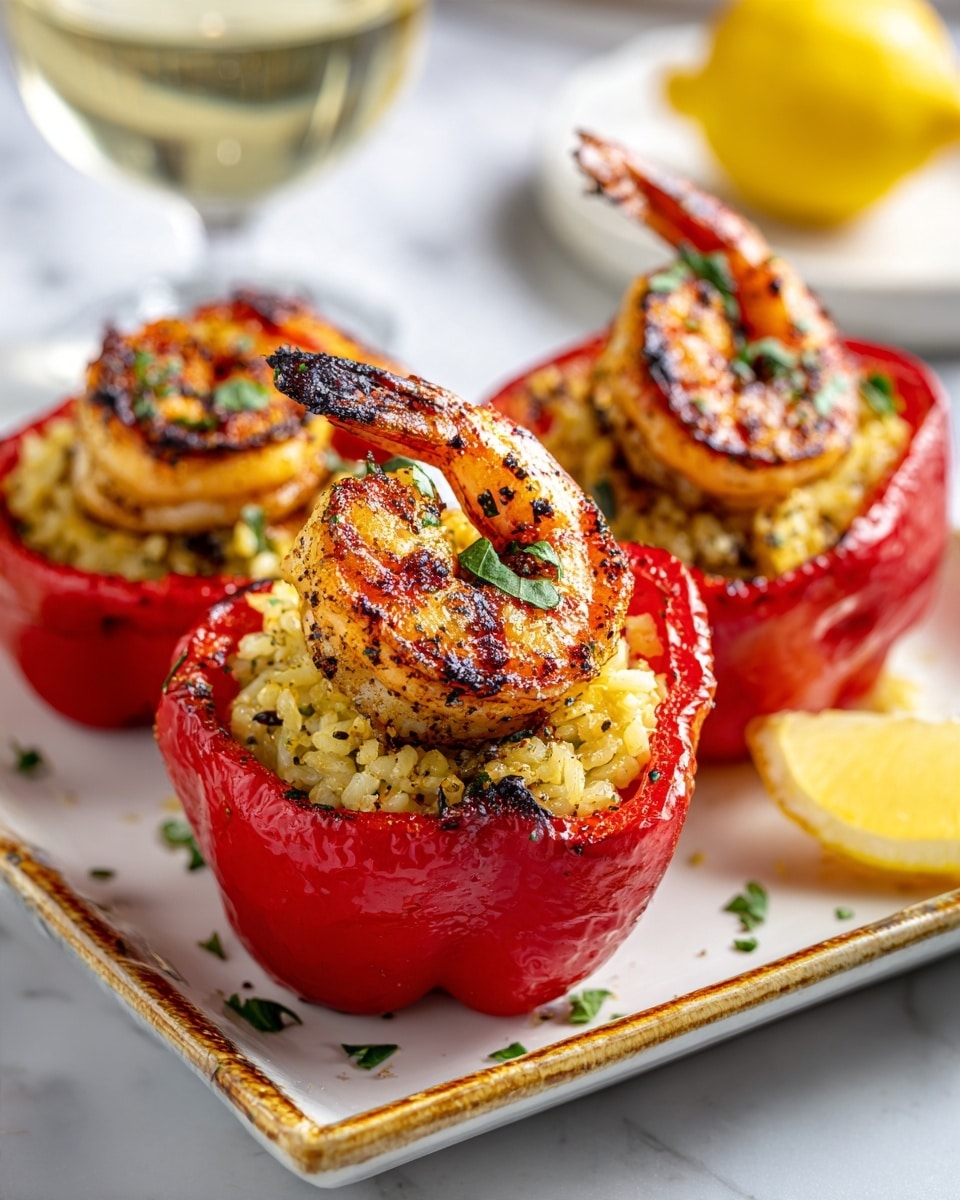The image shows four red bell pepper halves placed on a white plate. Each pepper half is filled with a layer of light golden breadcrumb mixture at the bottom, topped with several browned shrimp that are slightly charred and garnished with small chopped green herbs. The peppers have a shiny, roasted red skin and the dish looks warm and freshly cooked. The whole presentation is on a white marbled texture surface. Photo taken with an iphone --ar 4:5 --v 7
