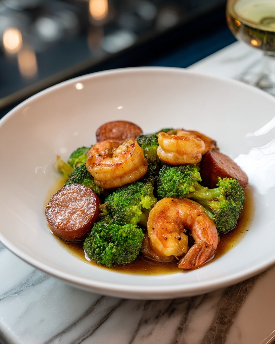 A white bowl filled with three main layers: the bottom layer has bright green steamed broccoli with a fresh texture; the middle layer is formed by plump, orange shrimp with slight char marks, scattered evenly across the broccoli; the top layer features thick, round slices of browned sausage with a glossy finish, spread evenly among the shrimp and broccoli. The dish is garnished with small bits of green herbs and a shiny brown sauce coating all the ingredients, giving a moist look. The bowl sits on a white marbled surface with a blurred, natural background. Photo taken with an iphone --ar 4:5 --v 7