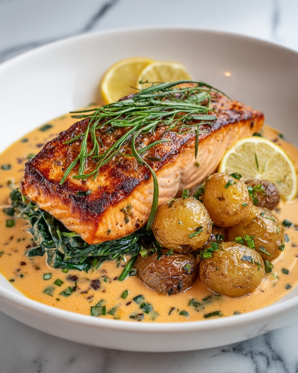 A white plate holds a dish with three main parts. In the center is a long, grilled salmon fillet with a golden-brown top, sprinkled with fresh green rosemary leaves. To the left of the salmon is a creamy layer with wilted spinach mixed into it, with a light yellow sauce that has small bits of red seasoning. On the right side, there are small roasted potatoes, golden and slightly crispy, garnished with green herbs, sitting on the same creamy sauce. Two lemon wedges rest near the potatoes. The plate is placed on a white marbled surface. photo taken with an iphone --ar 4:5 --v 7