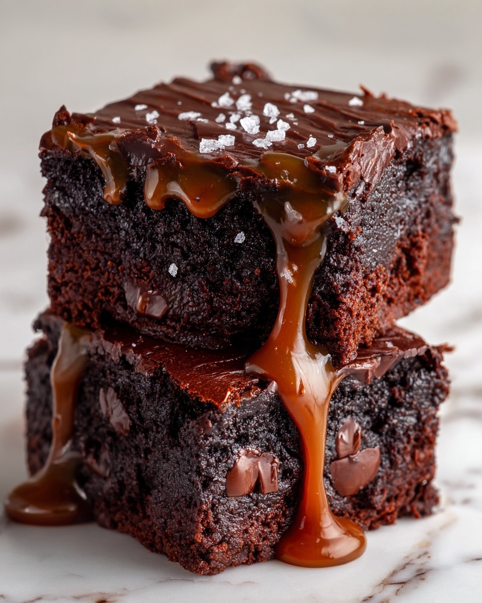 Two stacked chocolate brownies sit on a white marbled surface. The bottom brownie has a smooth, thick layer of dark chocolate on top. The top brownie is darker and moist with a rough texture inside. Golden caramel sauce flows over the top brownie, dripping down both pieces, catching the light and creating a shiny, sticky look. Small flakes of salt are sprinkled on the caramel, adding contrast. The close-up image shows the rich textures and glossy caramel clearly, photo taken with an iphone --ar 4:5 --v 7