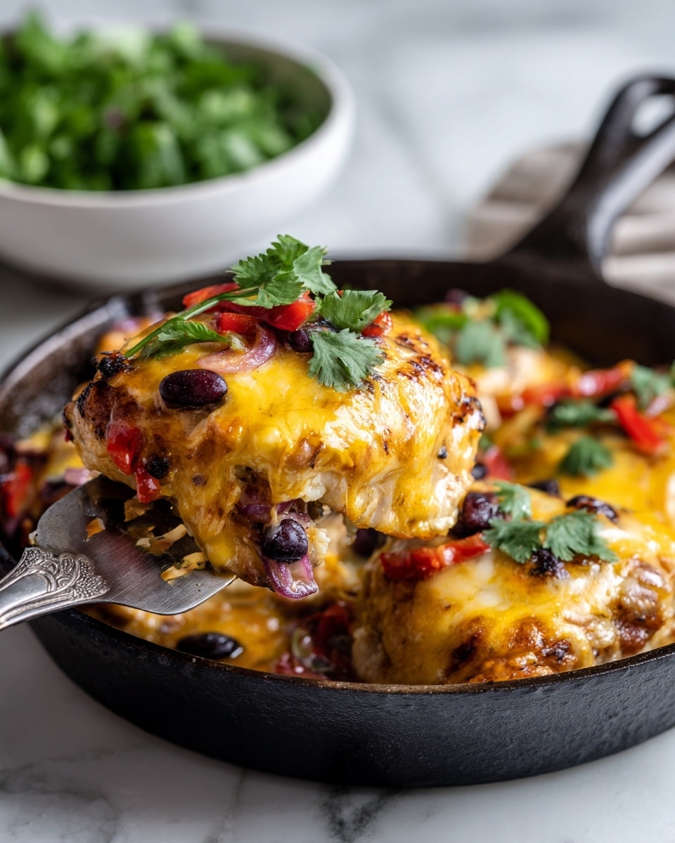 A close-up of a cooked dish in a black cast iron pan on a white marbled surface shows two main pieces of grilled chicken topped with a melted layer of golden yellow cheddar cheese and scattered black beans. There are red bell pepper strips and translucent sautéed onions layered on top and around the chicken, adding bright red and light brown colors. Small green cilantro leaves are sprinkled over the whole dish. A metal spatula lifts one piece of chicken, showing the melted cheese stretching slightly, with the red peppers and black beans resting on top. In the background, a white bowl filled with fresh green cilantro leaves is partly visible. Photo taken with an iphone --ar 4:5 --v 7