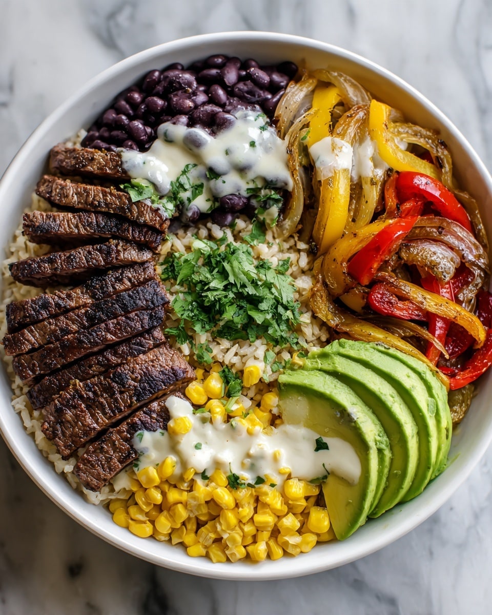 A white bowl on a white marbled surface holds a colorful layered dish starting with a base of light brown rice. On top, there are four main sections: thin slices of grilled steak with a browned, slightly pink middle piled on one side, bright green avocado slices arranged neatly next to the steak, sautéed red, yellow, and orange bell peppers with onions adding a soft texture, and black beans mixed with yellow corn. A woman’s hand is holding a spoon pouring a white sauce over the black beans. The dish is garnished with small green cilantro leaves scattered over the ingredients. Photo taken with an iphone --ar 4:5 --v 7