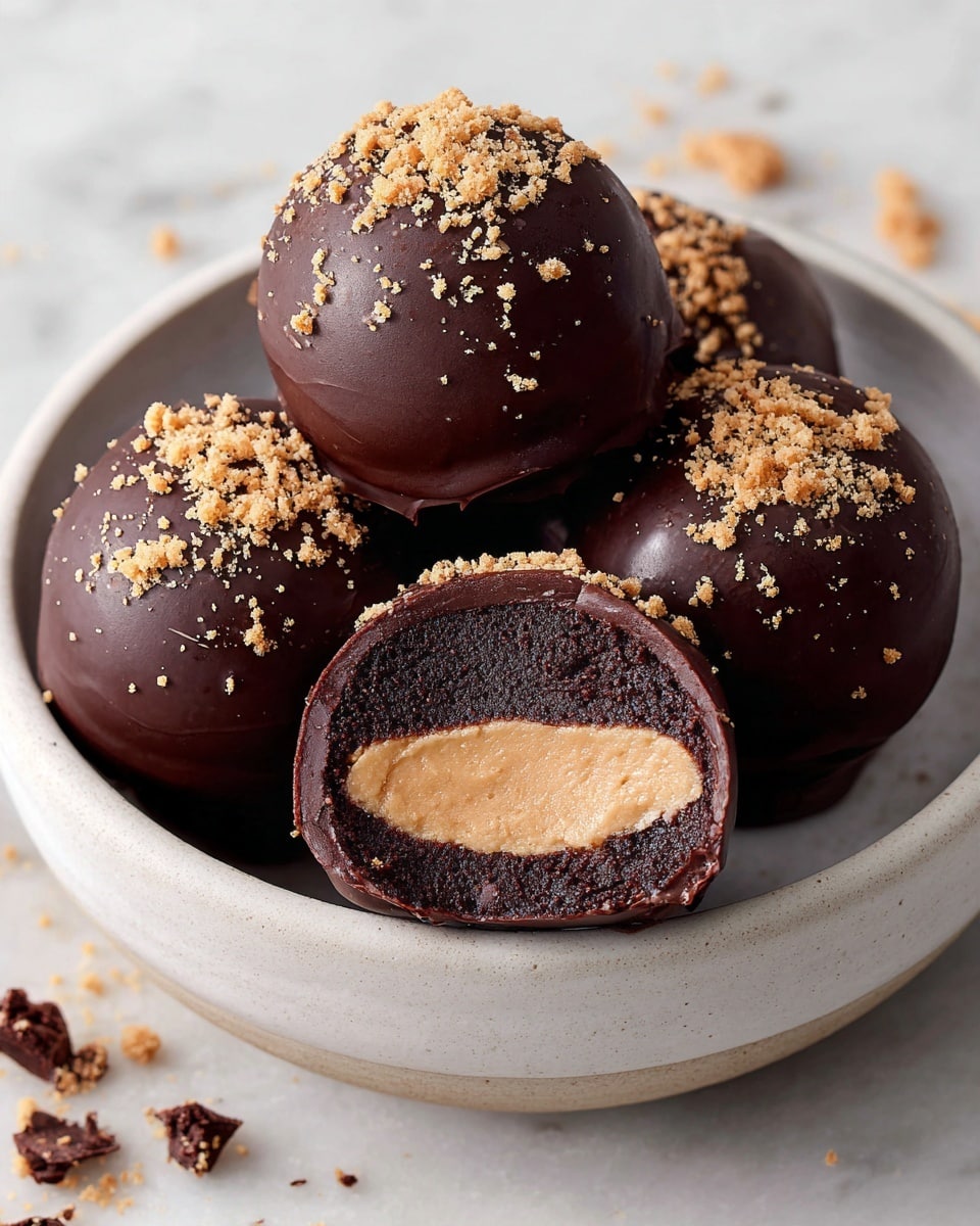 The image shows dark chocolate-covered round truffles with a smooth, slightly shiny surface. Each truffle is dusted lightly with a fine, pale powder on top, adding a touch of texture. There are three truffles placed close together on a crinkled white parchment-like surface. To the top left, a white bowl holds more of the same truffles, partially visible. In the top right corner, part of a white plate holds one more truffle. The overall setting sits on a white marbled texture background. Photo taken with an iphone --ar 4:5 --v 7