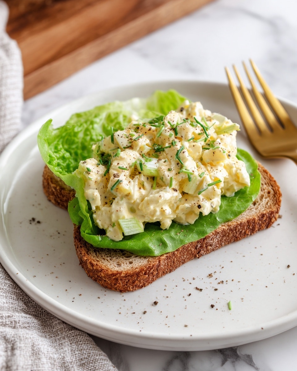 A sandwich with three layers is shown on a white plate over a wooden board that sits on a white marbled surface. The bottom layer is a single slice of brown whole grain bread with visible seeds and a rough texture. On top of the bread is a large green lettuce leaf, crisp and fresh, covering the entire slice. The top layer is a thick scoop of creamy egg salad, lightly speckled with black pepper and chopped green herbs, giving it a slightly chunky texture. The egg salad is pale yellowish-white, with pieces of eggs and small bits of green. photo taken with an iphone --ar 4:5 --v 7