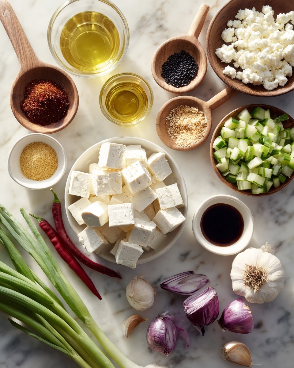 The image shows an arrangement of various ingredients on a white marbled surface. In the center, there is a bowl filled with white cubes of tofu. Surrounding it are several small white bowls and wooden dishes: one bowl contains chopped cucumber pieces, another has crumbled white cheese, and a third holds dark soy sauce. A small glass of light golden oil is near the top, while a few wooden dishes contain red chili powder, black sesame seeds, sliced green onions, and a yellow seasoning. To the lower side, there are two bright red chili peppers, purple onion halves, whole garlic bulbs, and a bunch of fresh green onions. The light creates soft shadows and a natural, fresh feel to the scene. Photo taken with an iphone --ar 4:5 --v 7