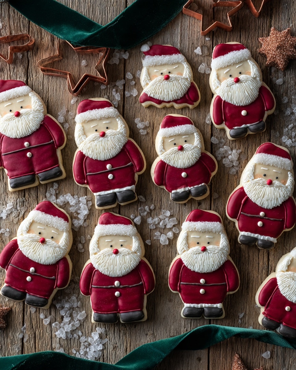 The image shows several Santa Claus-shaped cookies arranged on a wooden surface sprinkled with coarse sugar crystals. Each cookie is made of a beige base and a red red outfit that forms Santa's hat, coat, and pants, creating about three visual layers. The white cream icing decorates the beard, mustache, hat brim, buttons, and pom-poms with a textured, piped look. Small round dark chocolate pieces form Santa's eyes and coat buttons, and a tiny red candy makes up the nose. A dark green ribbon and copper-colored star cookie cutters are scattered among the cookies. photo taken with an iphone --ar 4:5 --v 7