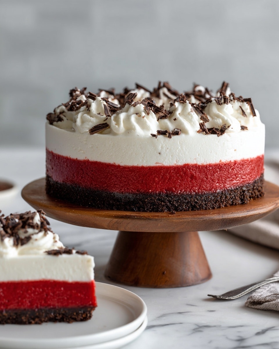 The dessert has three main layers: the bottom layer is a dark brown, crumbly texture like chocolate cookie crust, the middle layer is a smooth, thick, bright red jelly-like layer, and the top layer is a thick, swirled white cream with some fine dark brown chocolate shavings sprinkled on top. The dessert is placed on a wooden stand against a soft, neutral background, with part of a white cloth visible at the base. The whole scene is simple and cozy. photo taken with an iphone --ar 4:5 --v 7