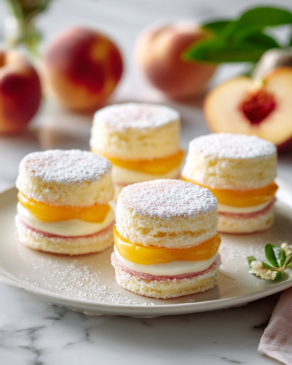 The image shows four small round cakes arranged on a white plate placed on a white marbled surface. Each cake has two dome-shaped layers covered in white powder, giving a soft, textured look. Between the layers, there is a bright yellow peach slice and an amber-colored jelly filling that slightly oozes out. The tops of some cakes have a light pink blush, resembling a peach’s skin. The overall look is soft, fresh, and inviting with a hint of fruitiness in every bite. Photo taken with an iphone --ar 4:5 --v 7