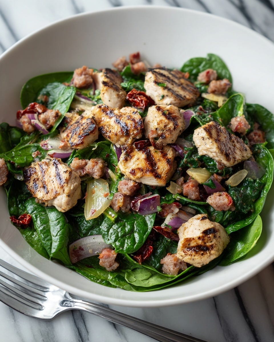 A white bowl filled with fresh spinach leaves forms the base layer, covering the entire bowl with vibrant green color. On top, there are evenly placed pieces of grilled chicken with a golden-brown, slightly charred texture and a sprinkle of herbs. Scattered around are small chunks of reddish salami, adding a bold color contrast, along with light yellow artichoke pieces that have a soft, layered texture. Thin slices of purple-red onion are spread throughout, adding sharp pops of color, and small bits of dried cranberries hover here and there for dark red tones. The bowl sits on a white marbled surface with a silver fork nearby. photo taken with an iphone --ar 4:5 --v 7