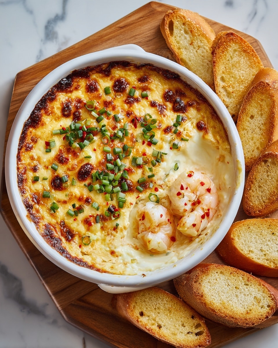 The image shows a white round baking dish filled with a creamy baked dip topped with a golden-brown crispy layer. The top layer is crumbly and slightly browned with small browned spots, sprinkled with fresh chopped green onions and bits of red chili flakes. A portion of the dip is scooped out on one side, revealing a gooey, creamy, pale layer mixed with orange chunks inside the dish. The dish sits on a wooden tray surrounded by toasted white bread slices, all placed on a white marbled surface. photo taken with an iphone --ar 4:5 --v 7