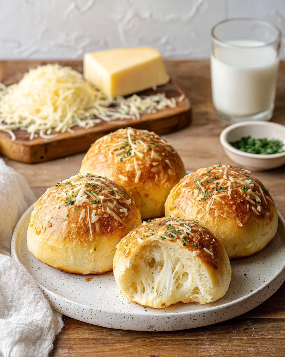Four round golden-brown bread rolls are on a white plate, each topped with a sprinkle of herbs and crispy crumbs. One roll is broken open, showing soft white dough inside with melted cheese that stretches in thin strings from one half to the other. The rolls have a shiny, slightly oily surface. The plate sits on a white marbled surface, with a blurred background showing a wooden board with shredded cheese, a small white bowl with green herbs, and a glass of milk. photo taken with an iphone --ar 4:5 --v 7