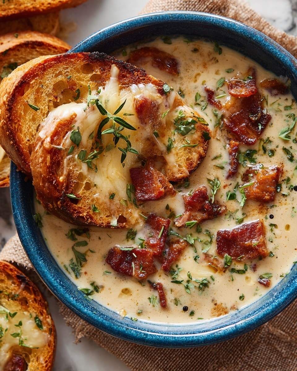 The image shows a blue textured bowl filled with thick, creamy soup topped with several layers and colors. The base layer is a smooth, light beige cream soup. On the surface, there are small pieces of yellow corn and bright green herbs scattered. A toasted slice of golden-brown bread with melted cheese covers one side of the bowl, with cheese slightly browned and bubbly on top. Next to the bread, there are small pieces of crispy dark reddish-brown bacon, and a red lobster claw is partially visible. The bowl rests on a brown fabric, set against a white marbled textured background. Photo taken with an iphone --ar 4:5 --v 7
