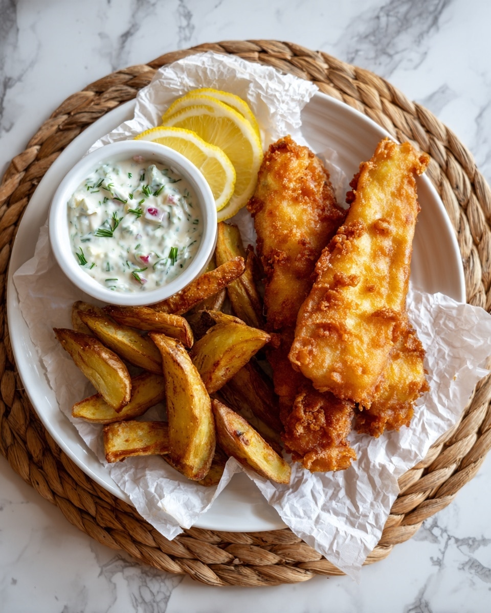 A white plate lined with white parchment paper holds thick golden brown crispy fried fish sticks, layered on top of chunky, golden roasted potato wedges with a slightly rough texture. Two lemon wedges with bright yellow, juicy flesh rest on the side near a small white cup of creamy tartar sauce speckled with bits of herbs and pickles. The plate is placed on a woven straw surface. The photo is taken with an iphone --ar 4:5 --v 7