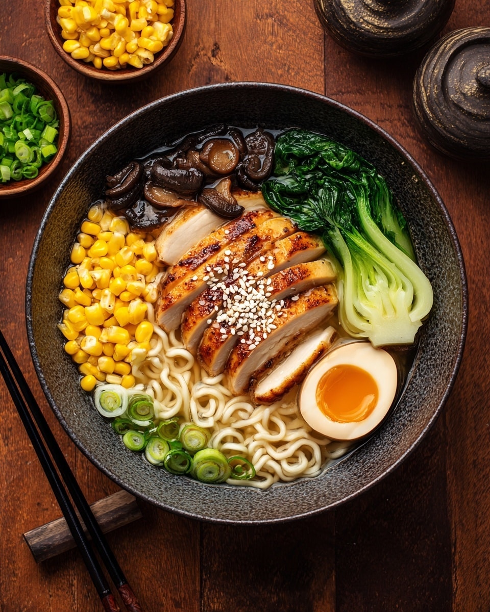 A bowl of ramen is filled with wavy, light brown noodles in broth at the bottom layer. On top, from left to right, there is a pile of bright yellow corn kernels, five evenly sliced pieces of golden brown grilled chicken sprinkled with white sesame seeds, and a green bok choy section showing clear layers of leafy texture. To the right bottom, there is one half of a soft-boiled egg with a bright orange yolk and white firm egg white. Below the corn and chicken, several sliced shiitake mushrooms with a shiny brown surface rest on the noodles. Fresh green scallion slices are scattered around the egg and mushrooms. A pair of black chopsticks rests diagonally on the bowl’s rim. The bowl is white with a dark gray interior and sits on a white marbled surface with small bowls of corn and sesame seeds nearby. Photo taken with an iphone --ar 4:5 --v 7
