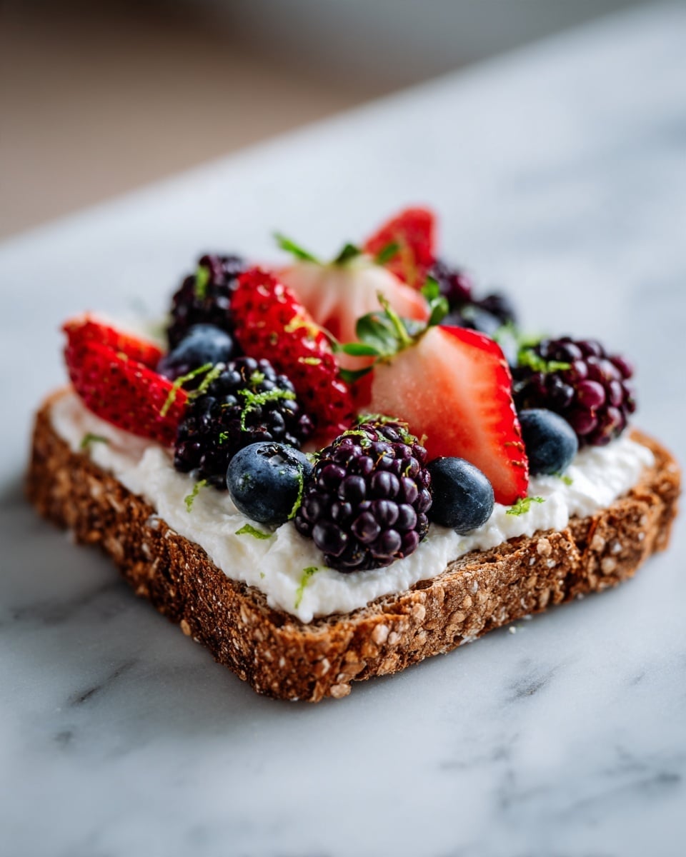 A slice of toasted brown bread is topped with a thick layer of white cottage cheese. On top of the cottage cheese, there is a mix of fresh red strawberries cut into quarters, whole dark blue blueberries, and whole black blackberries, creating a colorful and fresh fruit pile. Some small green zest pieces are sprinkled on the berries, adding a touch of bright color. The toast is placed on a light wooden board with a white marbled surface in the background photo taken with an iphone --ar 4:5 --v 7