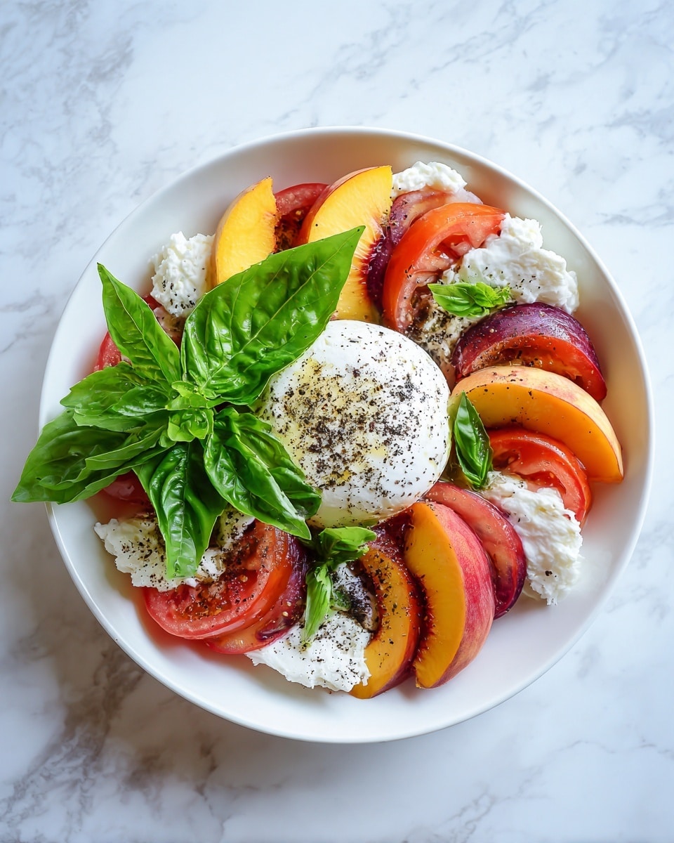 A white round plate sits on a white marbled surface, holding a fresh salad arranged in layers. The bottom layer is thick slices of red and orange tomatoes, placed in a circular pattern along the plate's edge. Intermixed are slices of yellow-orange peaches, adding a smooth, shiny texture. On top of the tomatoes and peaches are chunks of soft white cheese, spread unevenly around the plate. At the center, a ball of creamy white cheese is sprinkled with dark seasoning, giving it a slightly speckled look. Fresh green basil leaves are both whole and chopped, scattered across the salad and resting on top of the central cheese ball, adding vibrant color and freshness. Photo taken with an iphone --ar 4:5 --v 7
