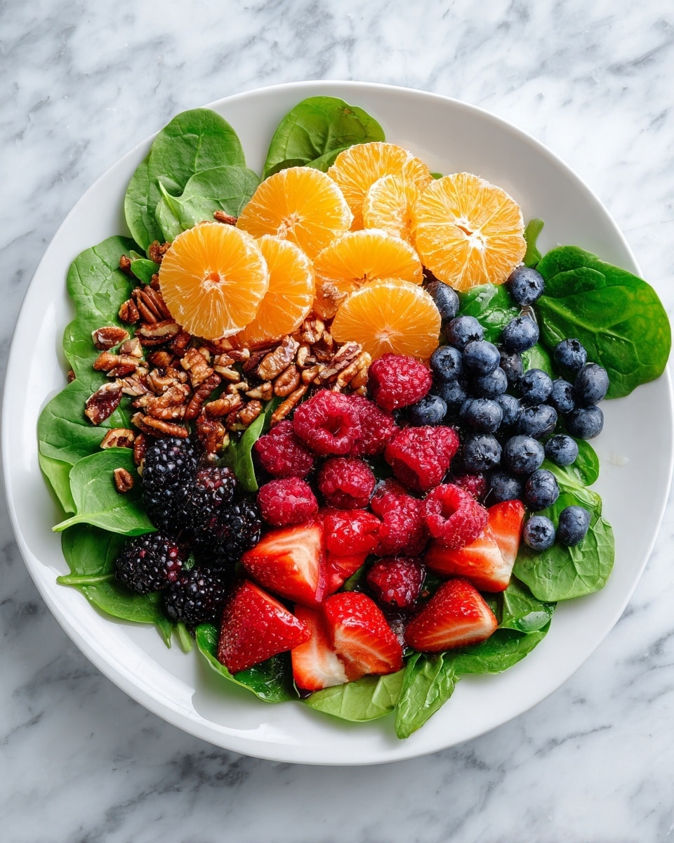 A white plate holds a fresh salad with three main layers. The bottom layer is made of bright green spinach leaves, spread out evenly across the plate. On top of the spinach, there are several orange slices placed around the salad in a circular pattern. The top layer is a mix of small fruits scattered all over: red raspberries, black blackberries, dark blue blueberries, and red strawberry halves. The salad rests on a white marbled surface. photo taken with an iphone --ar 4:5 --v 7