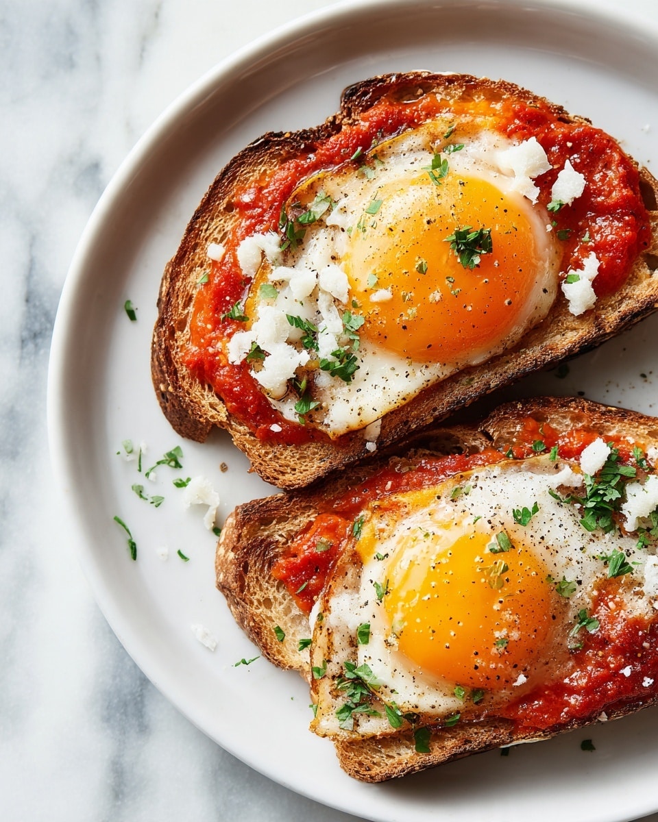 Two pieces of toasted bread are placed on a white plate with a light speckled texture, set on a white marbled surface. Each slice has a layer of bright red tomato sauce spread evenly on top, followed by a sunny-side-up egg with a golden yellow yolk and white, slightly crispy edges. Crumbled white cheese is scattered on the eggs and tomato sauce, and fresh green herbs are sprinkled over everything, adding color and freshness. The scene has soft natural light with a blurred white cloth in the background. photo taken with an iphone --ar 4:5 --v 7