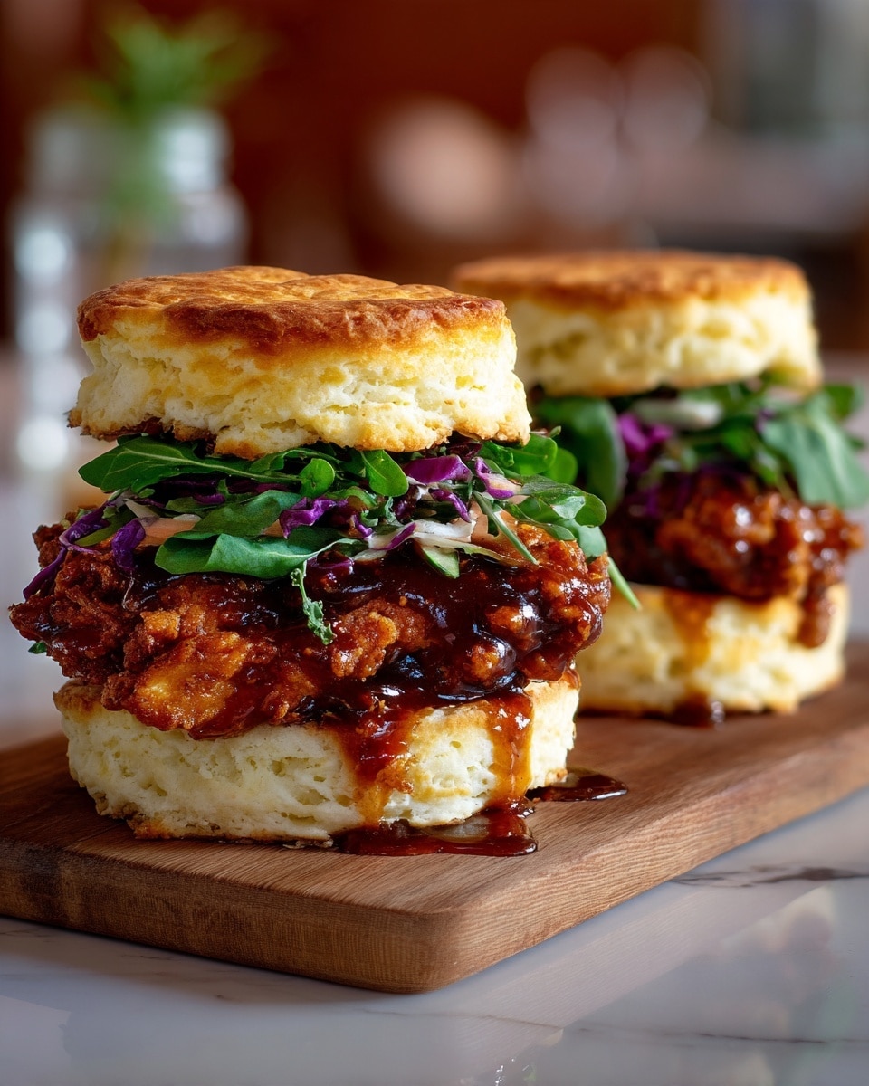Two biscuit sandwiches rest on a wooden board placed on a white marbled surface. Each sandwich has three layers: the top and bottom layers are thick, golden-brown, flaky biscuits with a textured surface. Between them is a crispy, golden fried piece of chicken covered in a glossy, dark reddish-brown sticky sauce that drips onto the biscuit bottom. On top of the chicken is a small layer of fresh green and purple leafy lettuce, adding color contrast and freshness to the sandwiches. The background is softly blurred with warm tones, keeping focus on the sandwiches. photo taken with an iphone --ar 4:5 --v 7