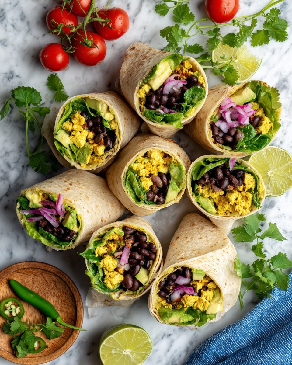 The image shows six wraps, each cut in half and arranged in a scattered pattern on a white marbled surface. Each wrap has visible layers starting with a soft light beige tortilla on the outside, followed by bright green leafy lettuce inside. Within the wrap, there are layers of pale yellow scrambled tofu, black beans clustered on top, slices of light green avocado, and thin rings of bright pink pickled onions. Surrounding the wraps are red vine tomatoes on the left, fresh green cilantro sprigs on the bottom right, two lime wedges on the upper right, a small wooden dish with sliced green chili, and a blue cloth napkin in the lower left corner. The photo is taken with an iphone --ar 4:5 --v 7