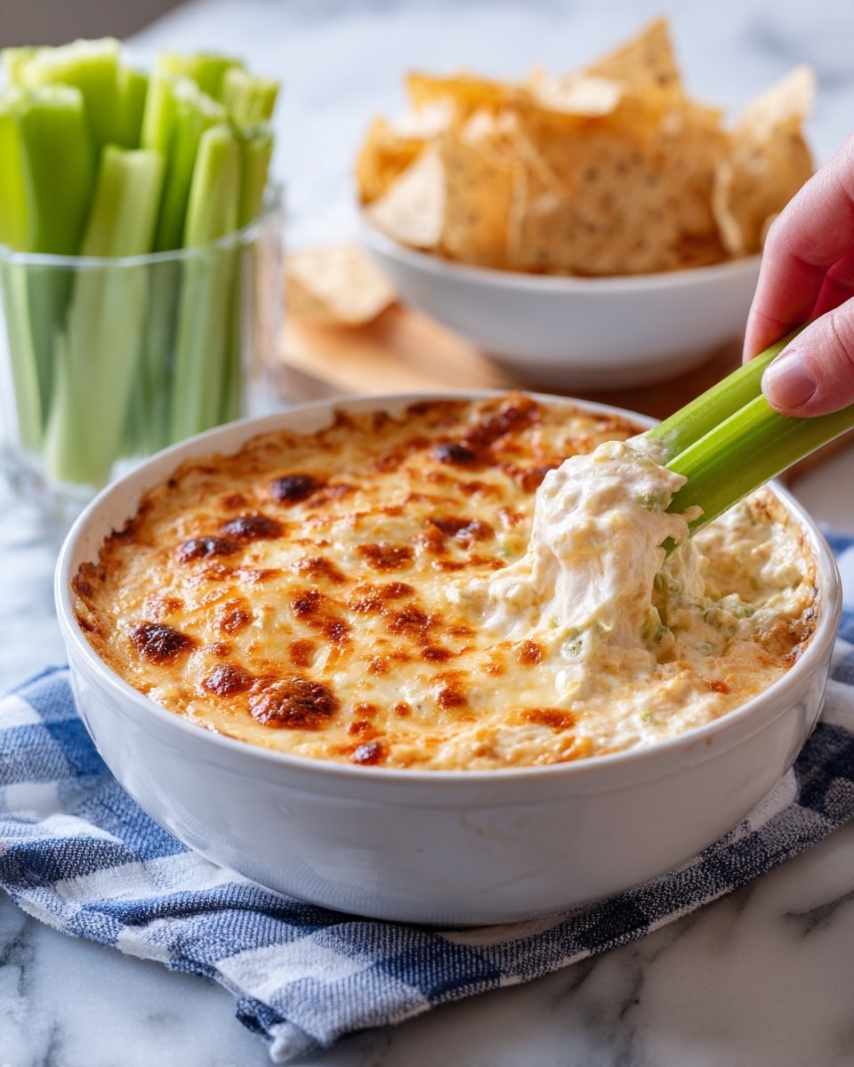A close-up view of a white dish filled with one layer of melted cheese dip that is golden brown with some dark brown spots on top, showing a creamy and slightly bubbly texture. A bright green celery stick held by a woman's hand is dipping into the cheese, pulling up creamy, stringy cheese that clings to the celery. The dish sits on a blue and white checkered cloth over a white marbled surface. In the blurred background, there is a clear glass container holding more celery sticks and a white bowl with pale yellow tortilla chips. photo taken with an iphone --ar 4:5 --v 7