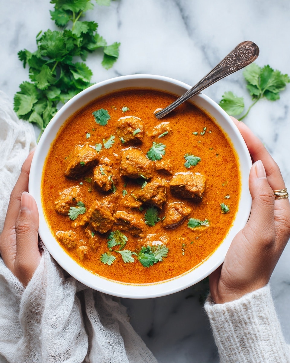 The image shows a white bowl filled with a thick orange curry with visible chunks of meat or tofu, garnished with green cilantro leaves scattered on top. A white spoon partially dips into the curry on the left side of the bowl. A woman's hand holds the bowl from the left, while the bowl rests on a white marbled surface with some green cilantro leaves blurred in the background. The curry has a smooth, slightly textured surface with a rich, creamy appearance, and the colors are warm and vibrant. photo taken with an iphone --ar 4:5 --v 7
