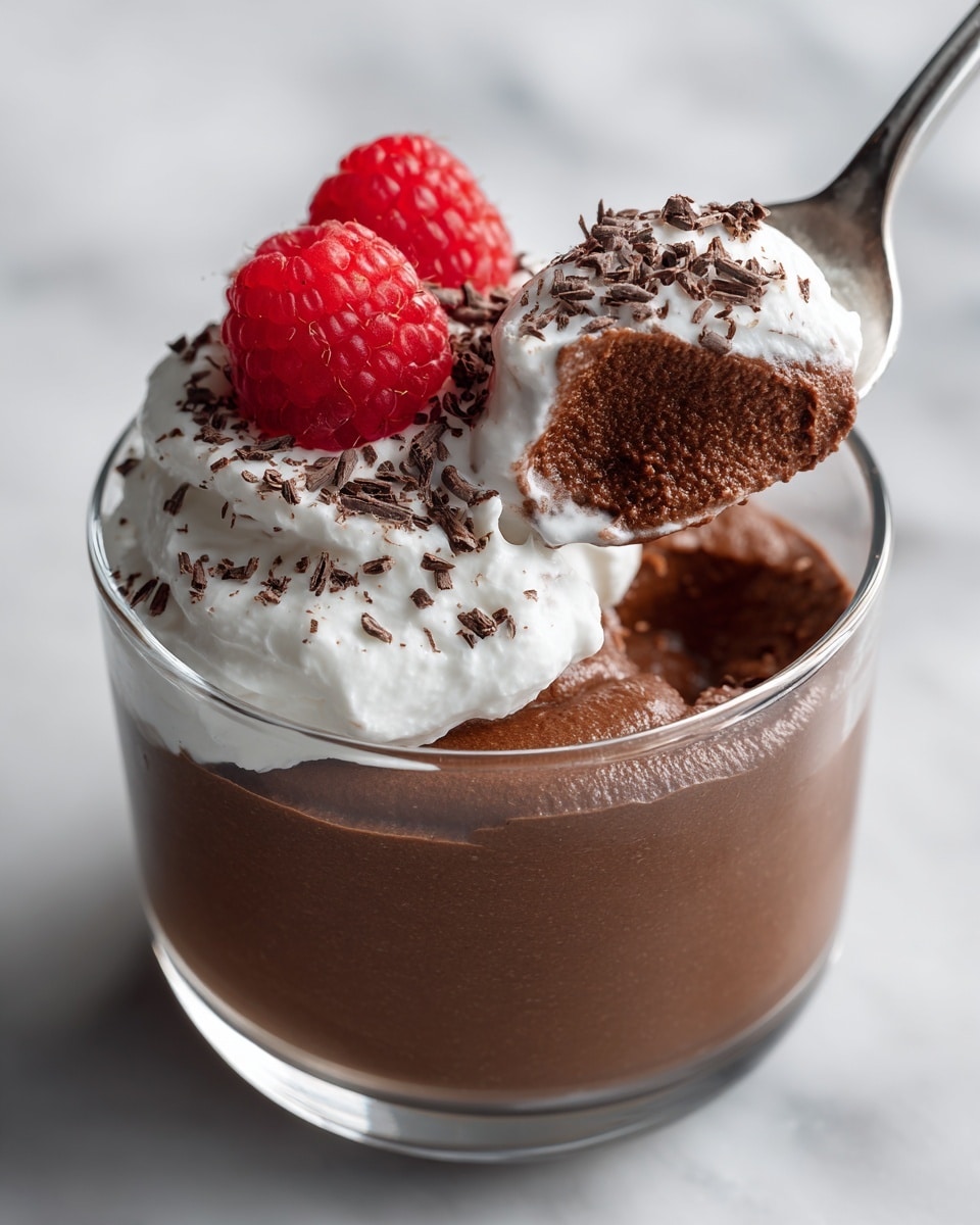 A clear glass cup filled with smooth, dark brown chocolate mousse that has a silky texture. Inside, there is a layer of white whipped cream topped with two bright red raspberries sitting side by side. Some dark chocolate shavings are sprinkled on the whipped cream and mousse. A silver spoon holds a scoop of the chocolate mousse with whipped cream and more chocolate shavings visible on top, hovering just above the cup. The cup is placed on a white marbled surface. Photo taken with an iphone --ar 4:5 --v 7
