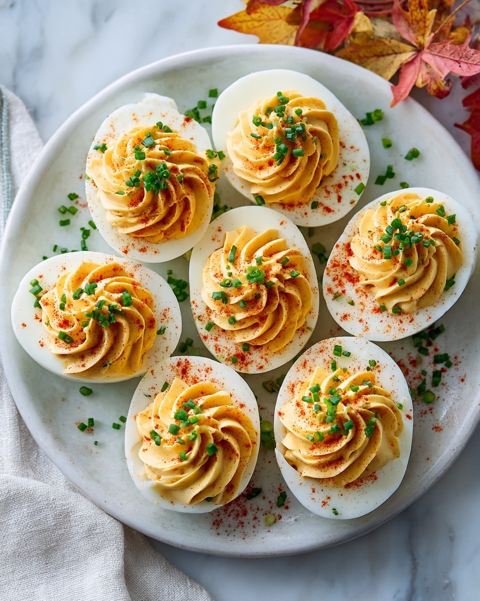 A white plate holds seven deviled eggs arranged closely. Each egg has a smooth white egg white base holding an orange-yellow creamy filling that looks whipped and textured with small peaks. The filling is topped with a light sprinkle of red paprika and tiny green chopped chives. Around the eggs on the plate, there are scattered bits of paprika and chopped chives. The plate rests on a white marbled surface with blurred orange-brown autumn leaves visible near the edges. The overall look is bright and inviting with a clean and simple presentation. photo taken with an iphone --ar 4:5 --v 7