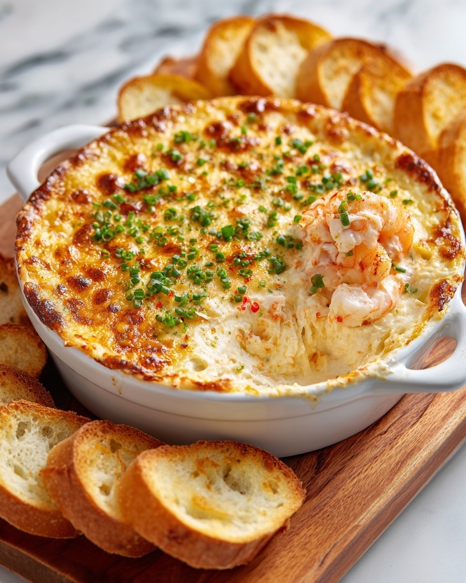 A white round baking dish filled with a creamy baked dip that has a rough golden-brown breadcrumb layer on top, with melted cheese bubbling through and small green onion slices sprinkled all over, along with tiny red pepper flakes adding bright color. Part of the dip is scooped out, showing a thick, creamy inside with chunks of pinkish-orange seafood. The dish is placed on a wooden round board with several round toasted bread slices arranged around it. The background is a white marbled surface. photo taken with an iphone --ar 4:5 --v 7