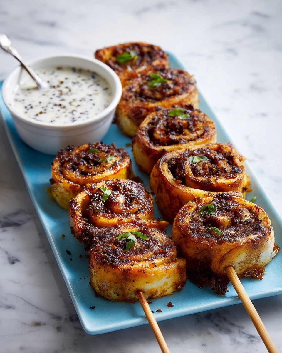 The image shows several skewers of pinwheel-shaped grilled pieces with a golden-brown outer layer and darker swirled lines inside, arranged neatly on a large white rectangular plate. Fresh green herb leaves are scattered on top of the pinwheels, adding color and texture. Next to the skewers is a white bowl filled with a creamy white dip, speckled with black pepper and garnished with small green herbs, and a silver spoon rests inside the dip. The plate is set on a white marbled surface with a soft, folded yellow-striped cloth in the background. photo taken with an iphone --ar 4:5 --v 7