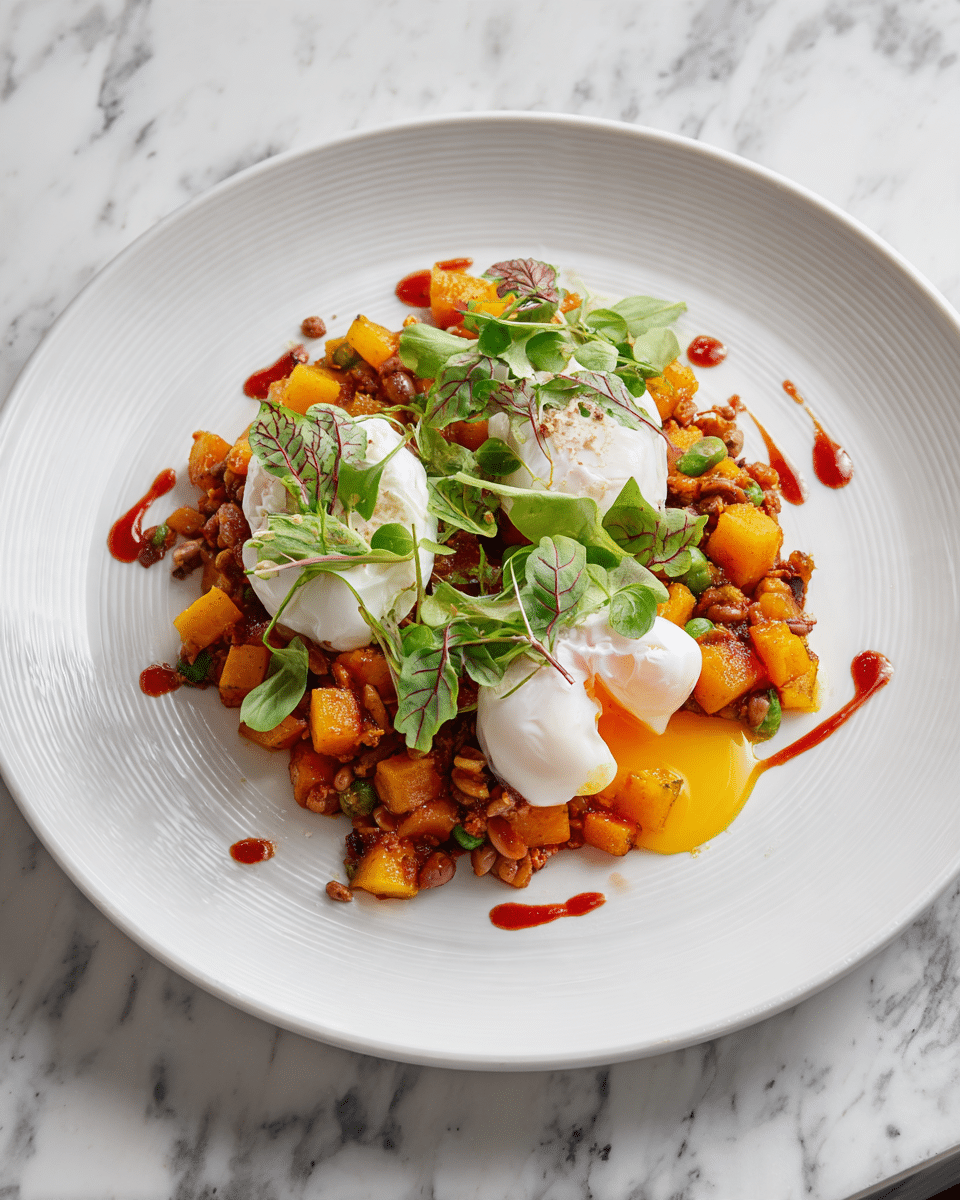 A white round plate sits on a white marbled surface, filled with a dish made of three main layers. The bottom layer consists of small cubes of orange roasted butternut squash mixed with dark red beans and brown cooked ground meat, scattered evenly. Fresh green spinach leaves are mixed throughout the bottom layer. On top, there are two white poached eggs with soft, slightly runny yellow yolks visible on one egg. The dish is garnished with small green cilantro leaves and drizzled with red hot sauce across the eggs and the squash mixture. Photo taken with an iphone --ar 4:5 --v 7