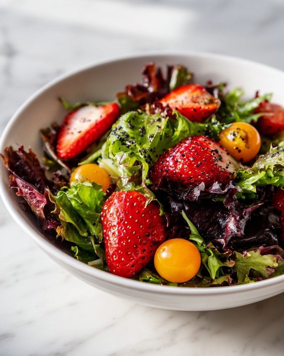 A white bowl filled with two main layers: the bottom layer is a mix of green leafy vegetables with different textures, some leaves are smooth while others are slightly crinkled, the top layer shows vibrant red strawberry halves and whole small yellow cherry tomatoes scattered evenly over the greens. Tiny black specks of seasoning are sprinkled on top, giving a speckled effect over the strawberries and vegetables. The bowl is placed on a white marbled surface, with warm natural light casting soft shadows from one side. photo taken with an iphone --ar 4:5 --v 7