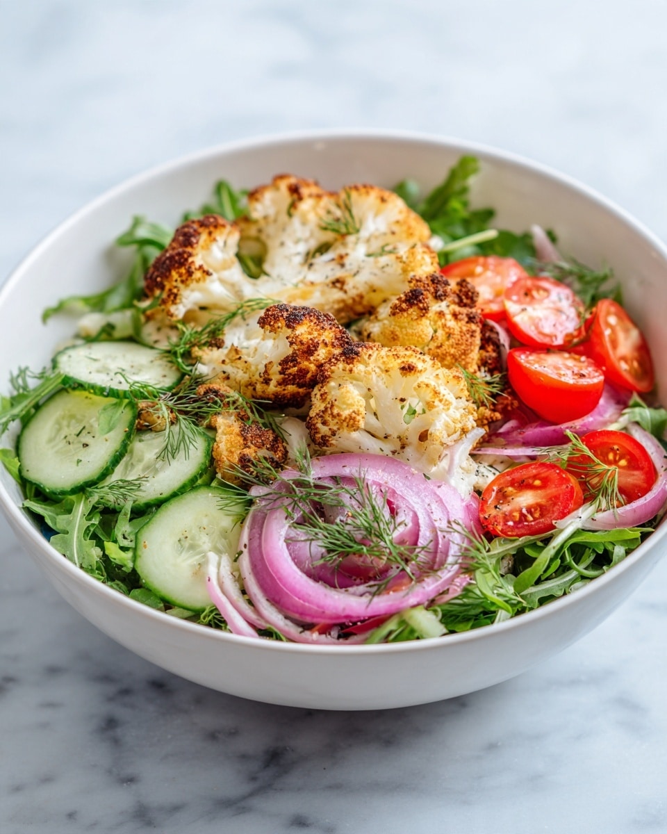 A white bowl holds a colorful salad with three main layers. The bottom layer has dark green leafy arugula with scattered sprigs of fresh dill. The middle layer features bright green cucumber slices and red chunks of tomato mixed with thinly sliced purple-red onion rings. On top, large pieces of roasted cauliflower with a golden brown, slightly crispy texture are spread evenly. The dish has a fresh, vibrant look with contrasting colors and textures. The bowl sits on a white marbled surface. Photo taken with an iphone --ar 4:5 --v 7
