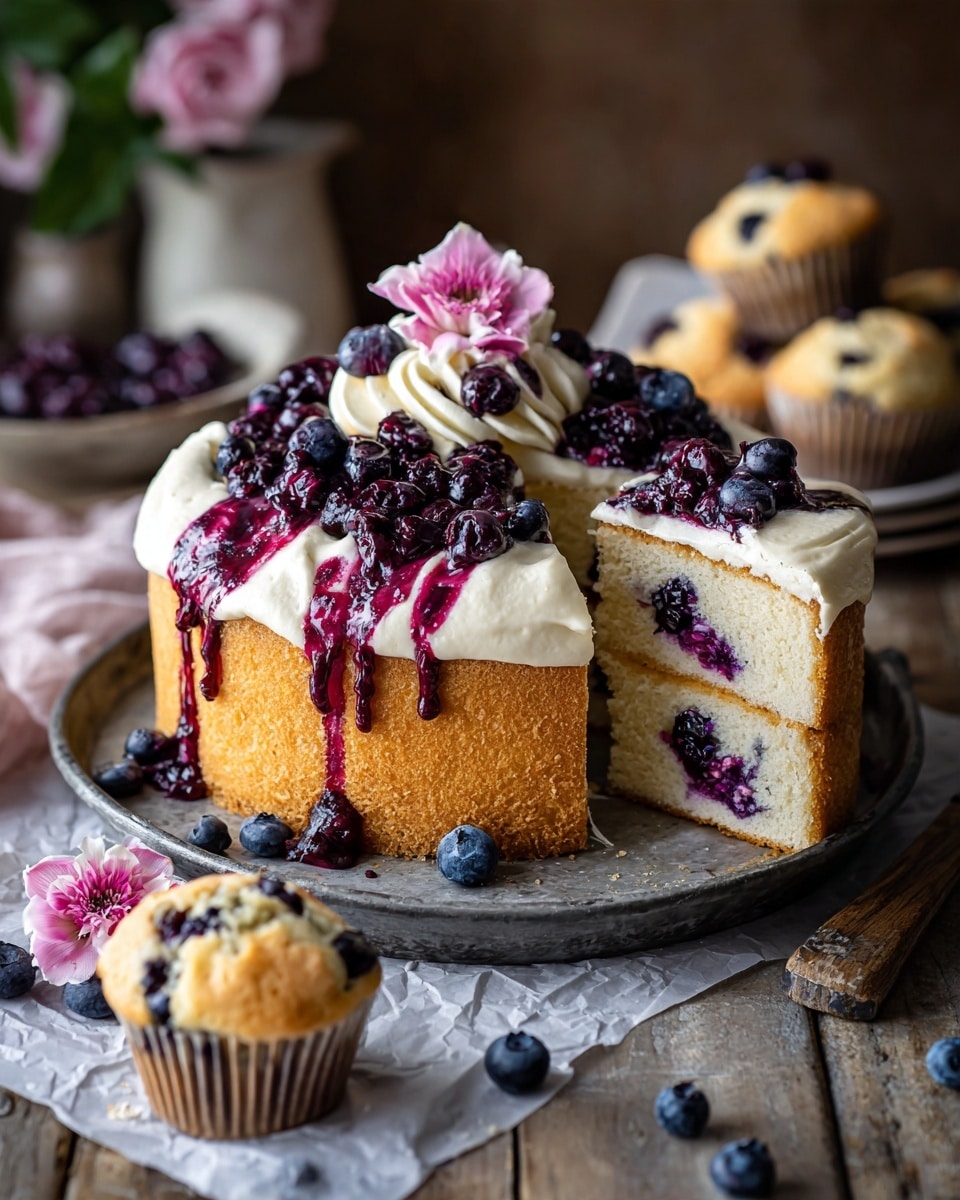 A round, rustic cake sits on a rectangular metal tray over a white marbled surface. The cake has three main visible layers: the bottom is a dense purple layer with dark blueberries embedded throughout, the middle layer is creamy white frosting swirled with more blueberries, and the top layer is smooth white frosting drizzled with a dark purple blueberry sauce in irregular lines. A single pale pink flower with green leaves decorates the center of the cake. Several slices have been cut and pulled slightly out, revealing the inside texture of the cake and frosting. Around the tray on the white marbled surface are scattered crumbs, broken cake pieces with visible blueberries, and two more pink flowers. The setup is warmly lit, enhancing the textures and colors. photo taken with an iphone --ar 4:5 --v 7