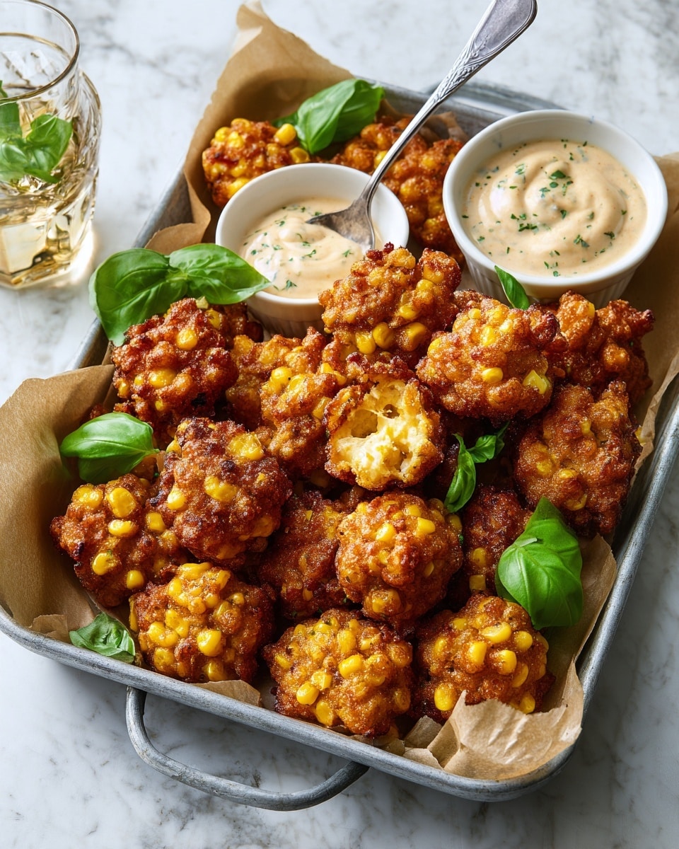 The image shows a white tray lined with brown paper holding many golden-brown fried corn fritters with visible corn kernels and herbs inside, arranged casually. There are two small white containers of dipping sauce placed on the tray; one sauce is light brown and smooth, while the other is creamy white with small bits, possibly herbs, in it. A few green basil leaves are scattered among the fritters for color contrast. In the background, a glass of amber liquid and a bottle are visible on a white marbled surface. The lighting is natural and bright, highlighting the crispy texture of the fritters. photo taken with an iphone --ar 4:5 --v 7