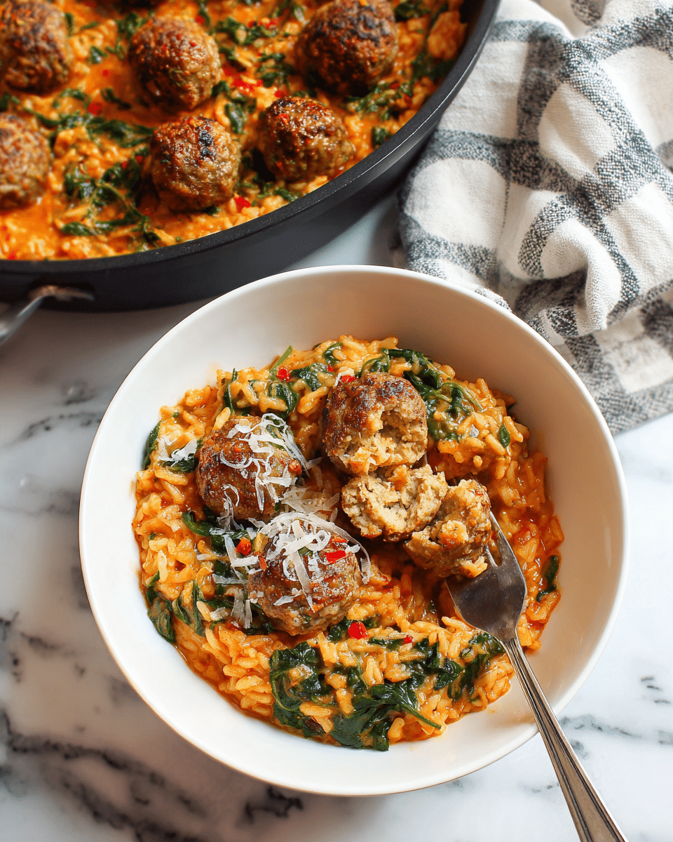 The image shows a dish with three round, golden balls made of rice mixed with small bits of red seasoning. The rice grains are creamy and light orange in color, spread evenly around the balls. There are bright green spinach leaves and small pieces of red tomato mixed into the rice. Tiny white shreds of cheese top the middle ball. The texture looks soft and slightly creamy, with specks of red spices scattered across the dish. The dish sits on a white marbled surface. photo taken with an iphone --ar 4:5 --v 7