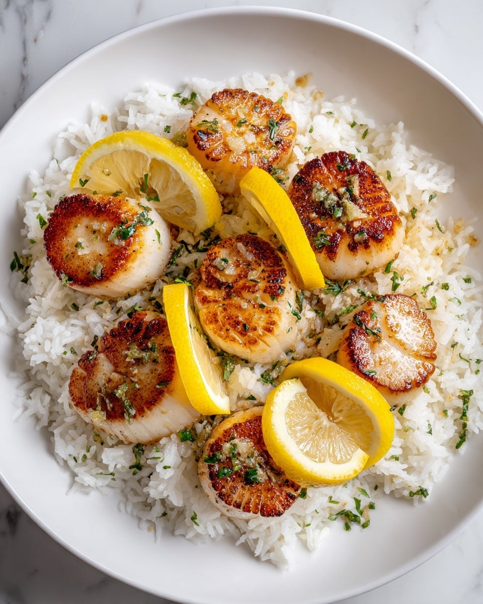 A white plate holds a bed of white rice with a soft, slightly shiny texture forming the base layer. On top, there are six golden-brown seared scallops, each round with a caramelized and slightly crispy surface, sprinkled with small bits of green herbs. Between the scallops, thin lemon slices with bright yellow rinds and juicy, translucent centers stand upright, adding a fresh and vibrant color contrast. A light sauce with a glossy texture is visible around the rice, adding a slight shine to the dish. The plate sits on a white marbled surface. Photo taken with an iphone --ar 4:5 --v 7