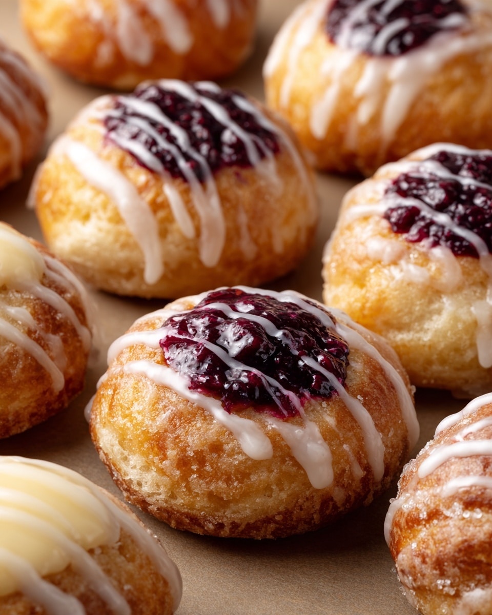 The image shows multiple round pastries with a golden-brown and flaky crust, each with about three to four visible layers creating a textured and airy look. Some pastries have a deep red-purple jam center that is glossy and slightly sunken, surrounded by a light cream cheese layer that is smooth and white. On top of each pastry, there is a drizzle of white icing running across unevenly. The pastries are placed closely together on a baking sheet with a white marbled texture surface visible in the background. The scene is bright and clear, showing soft shadows around the pastries. photo taken with an iphone --ar 4:5 --v 7