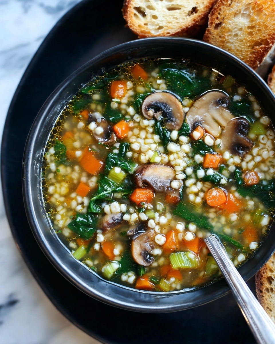 A black bowl filled with soup sits on a black plate on a white marbled surface. The soup has light brown broth with visible layers of chopped yellow potatoes, orange carrot pieces, sliced brown mushrooms, green spinach leaves, and small grains. A silver spoon is placed inside the bowl, partially immersed in the soup with its handle resting on the bowl's edge. Beside the bowl on the plate, there are two pieces of crisp golden brown bread. The photo taken with an iphone --ar 4:5 --v 7