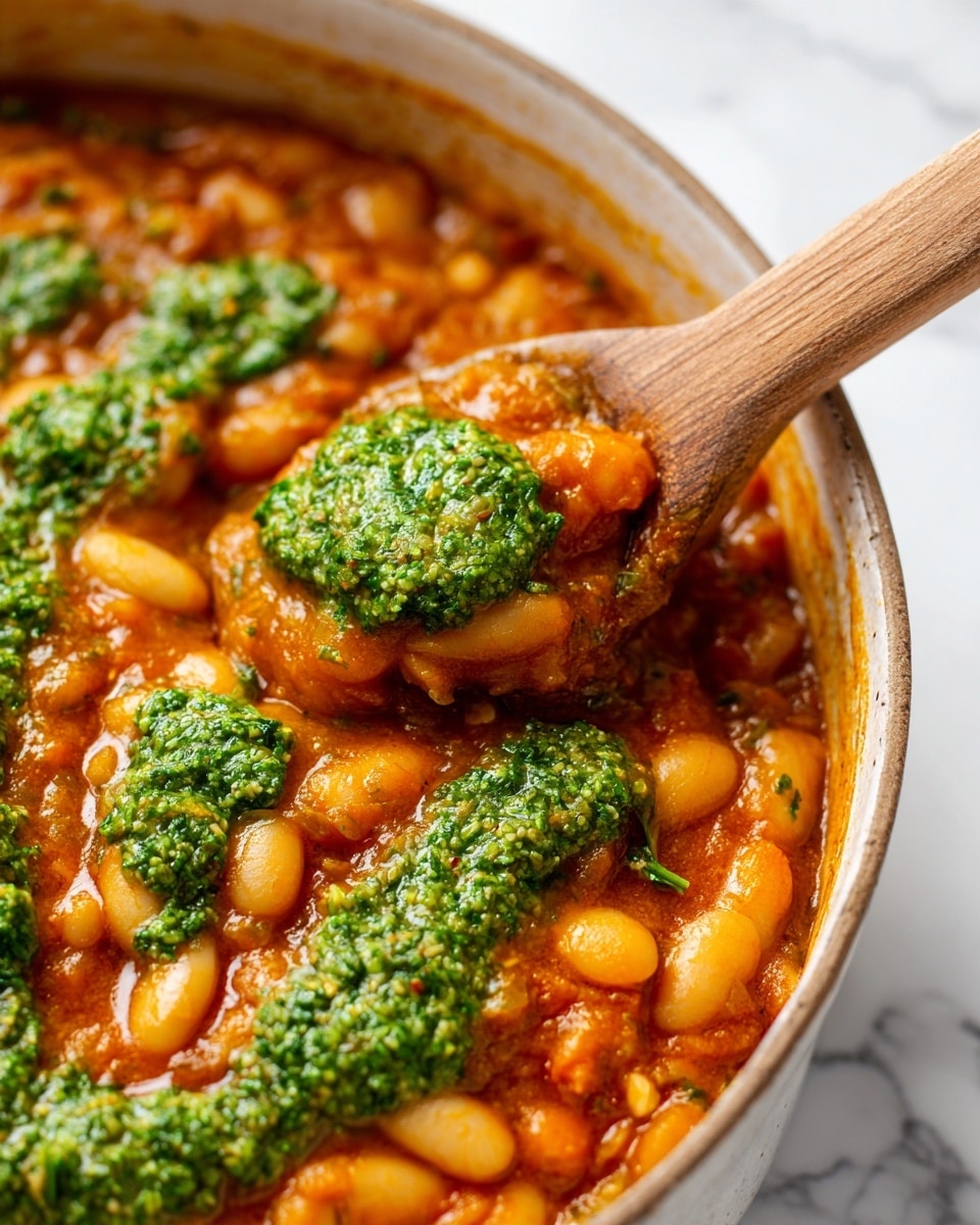 The image shows a close-up of a rich, orange-brown bean stew with a creamy texture, filled with soft, plump white beans spread evenly throughout. Dark green dollops of thick pesto sauce are scattered on top, contrasting sharply with the stew's warm color. A wooden spoon is partially dipped into the stew, slightly lifting some beans and sauce, with a smooth texture appearing on the spoon's surface. The background is a white marbled texture. Photo taken with an iphone --ar 4:5 --v 7