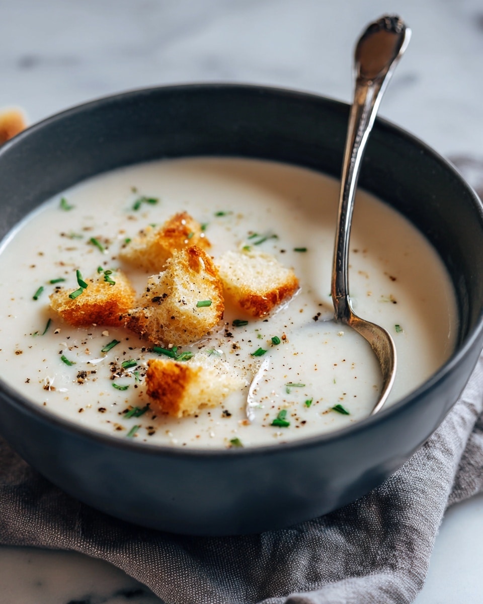 The image shows a dark ceramic bowl filled with creamy, pale yellow soup. On top of the soup, there are small golden croutons and finely chopped green herbs scattered. Some black pepper flakes are visible on the surface. A silver spoon is partially submerged in the soup on the right side of the bowl, and the bowl rests on a grey cloth. The background is a white marbled texture. Photo taken with an iphone --ar 4:5 --v 7