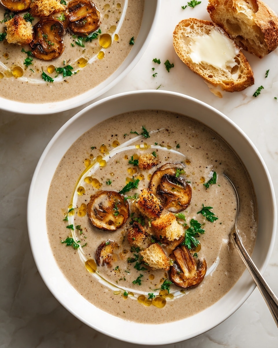 A creamy tan-colored mushroom soup fills a white bowl, topped with thin slices of cooked brown mushrooms arranged evenly across the surface. Swirls of white cream are drizzled on top, creating soft curved lines. Small golden croutons add texture, scattered lightly over the soup. Bright green parsley leaves are placed as garnish, adding a fresh touch. Drops of golden oil are dotted around, enhancing the visual appeal. A piece of bread with melting butter sits beside the bowl on a white marbled surface, and a woman's hand holds a spoon resting inside the bowl. Photo taken with an iphone --ar 4:5 --v 7