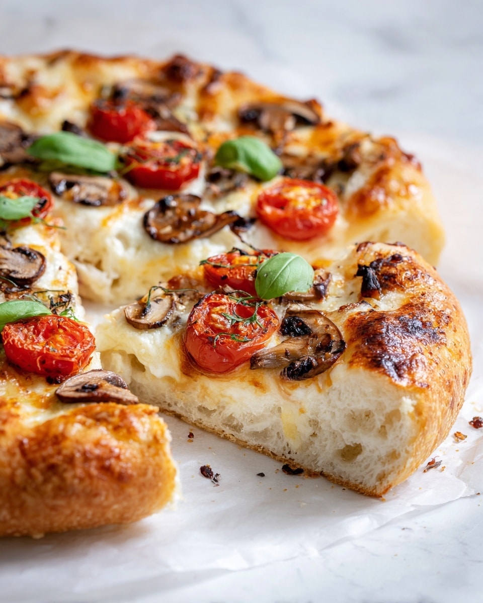 A close-up view of a pizza with a thick, fluffy crust that is golden brown on the outside and soft white inside, topped with bright red cherry tomato halves, light brown cooked mushrooms, white melted cheese, and fresh green basil leaves scattered evenly. The pizza rests on white parchment paper with a white marbled texture in the background. One slice is slightly pulled out, revealing the airy interior of the crust. Photo taken with an iphone --ar 4:5 --v 7